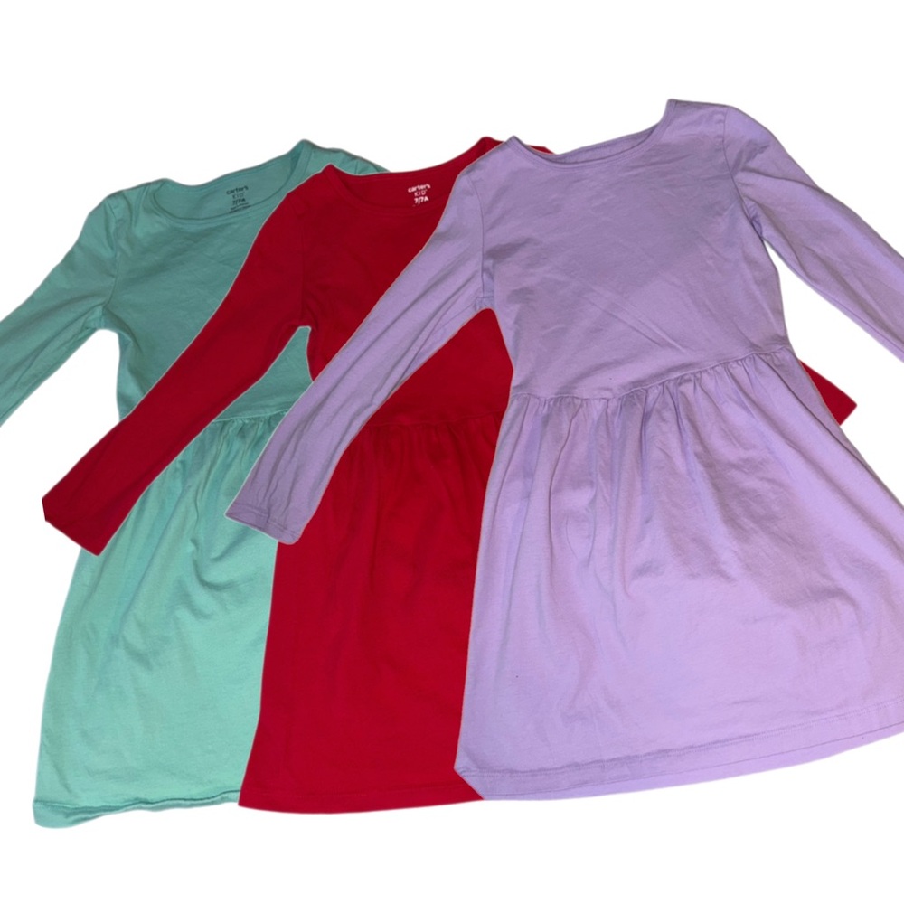 Bundle of THREE Carters Solid Colored Dresses Lavender Red Green Size 7